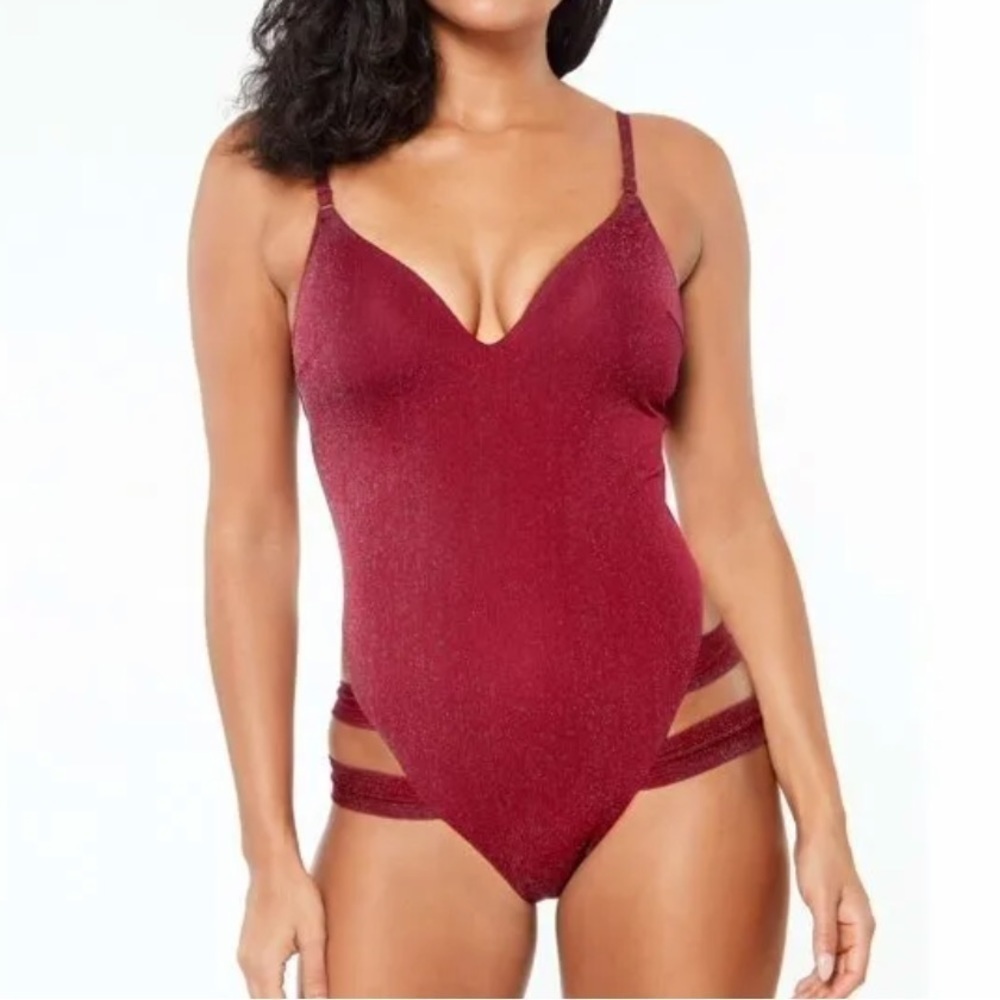 Bar III BLACKBERRY Shimmer Strappy-Leg One-Piece Swimsuit - Picture 1 of 11